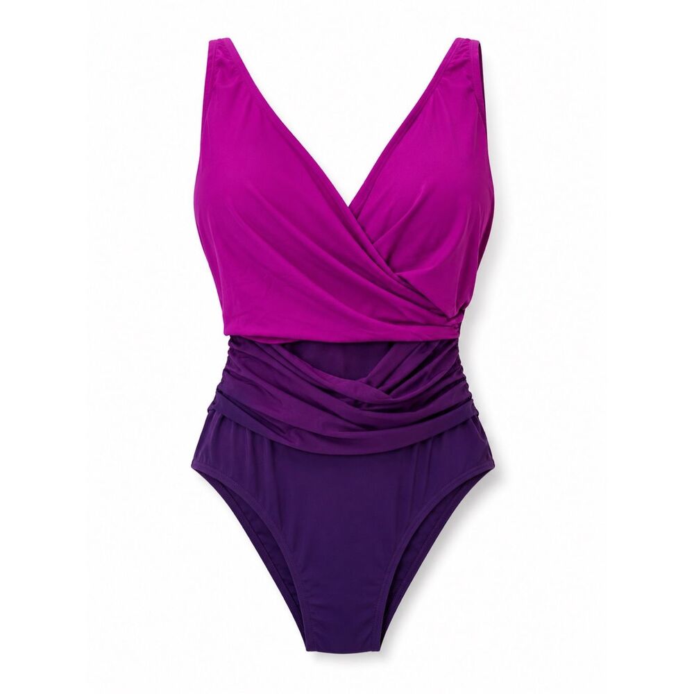 Lands’ End 14 DDD Ombre One Piece Swimsuit Tummy Control Purple Pink Plus Cup